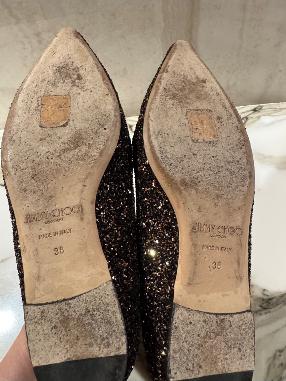Jimmy Choo Black and Bronze Glitter Pointed-Toe Flats - Picture 10 of 10